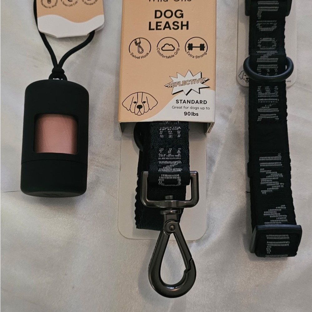 Wild One Woven Sport Collar, Leash, Poop Bag Carrier (L/XL) Black